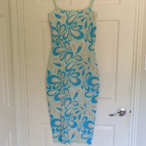 Stylish Blue and Cream Midi Dress